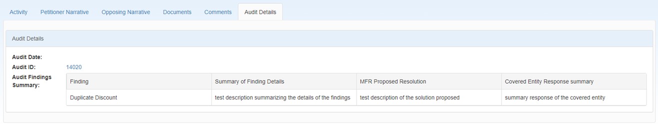 MFR Petition Audit Detail MFR Petition Audit Detail